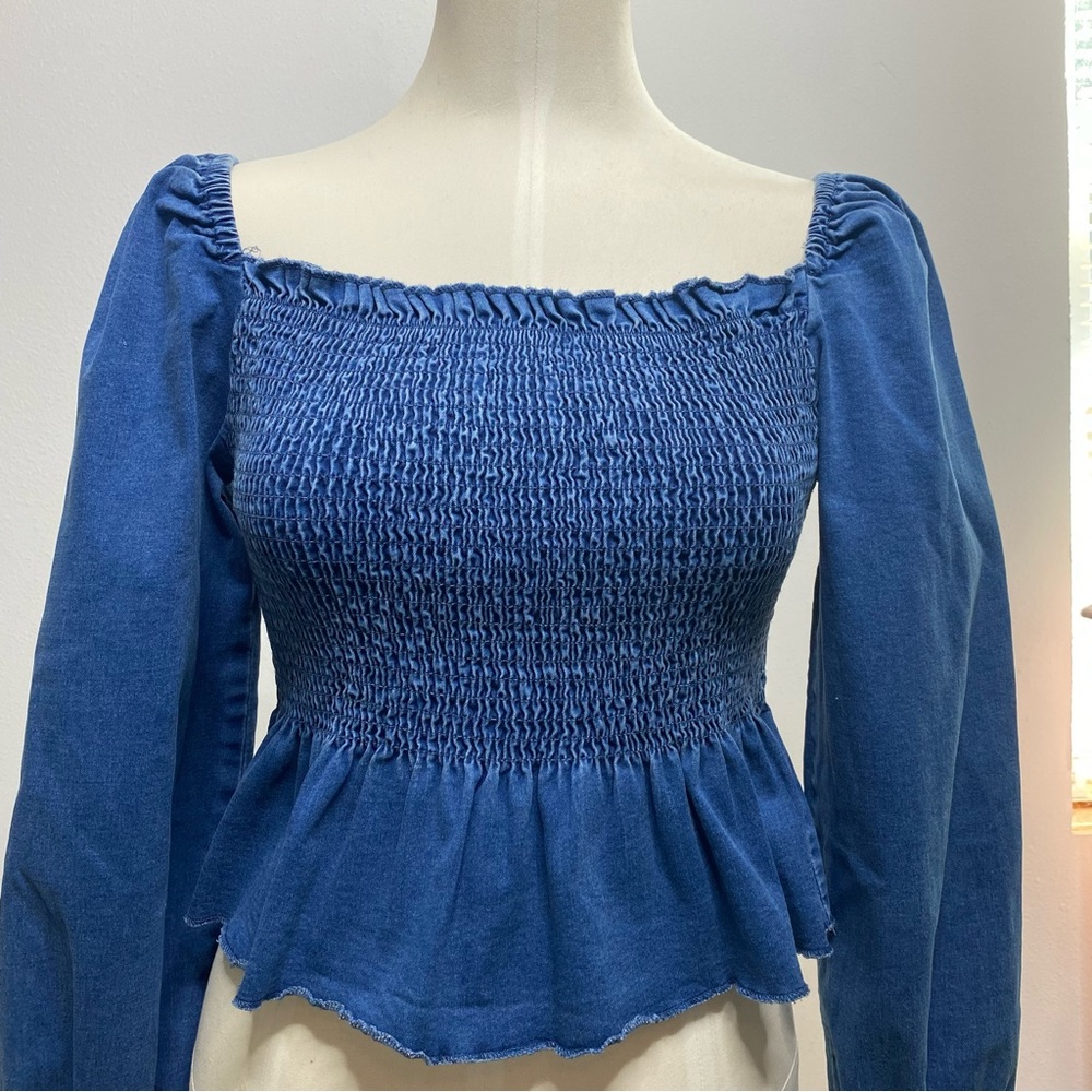MEBON Denim Chambray Elastic Peplum Top